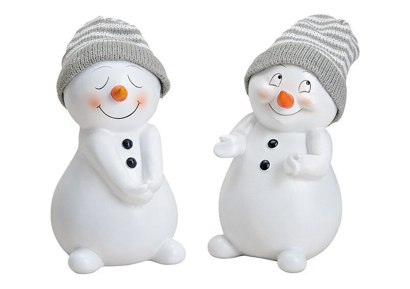 Pupazzo di neve con cappello lavorato a maglia grigio bianco, in poliestere, bianco 2 volte, (L/A/P) 12x19x12 cm
