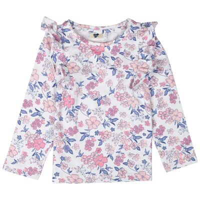 Girls' ruffled cotton t-shirt, 3-14 years old, flower print