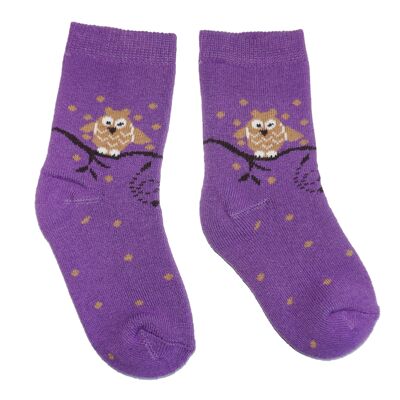 Chaussettes en peluche Terry pour enfants >>Lori la chouette lapone : Lilas<< Chaussettes en peluche en coton pour enfants de haute qualité