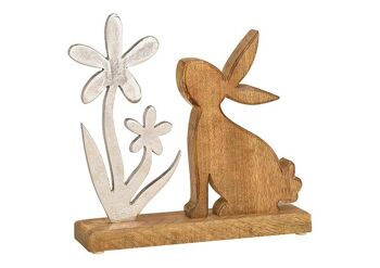 Présentoir lièvre avec fleur en bois, métal brun, argent (L / H / P) 25x25x6cm