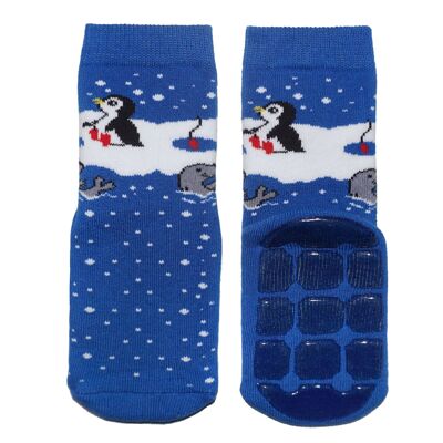 Chaussettes antidérapantes pour enfants >>Pingouin et ses amis : bleu moyen<< Chaussettes pour enfants de haute qualité en coton avec revêtement antidérapant