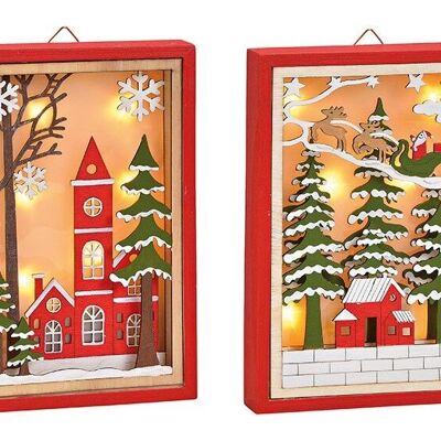 Winter scenes in a frame with LED lighting for hanging from wood red 2-fold