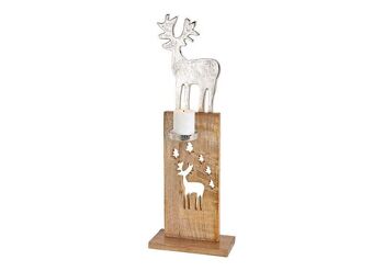 Bougeoir cerf en aluminium sur socle en bois de manguier décor sapin argent (L/H/P) 25x73x18cm