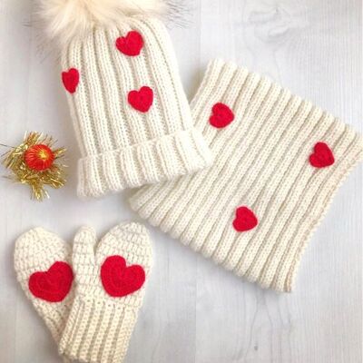 Handknit Hat Set with Embroidered Red Heart