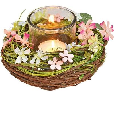 Lantern glass in the wreath floral decoration made of rattan / wood colored (W / H / D) 22x12x22cm