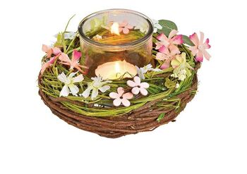 Lanterne en verre dans la guirlande décor floral en rotin / bois coloré (L / H / P) 22x12x22cm