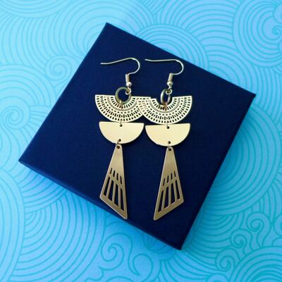 Long gold graphic Art Deco earrings with a touch of Bohemian Chic