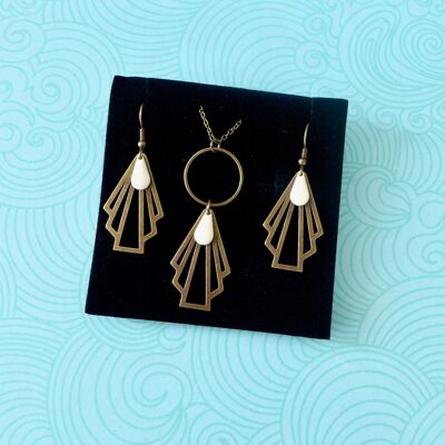 Art Deco graphic fan jewelry set, ecru white enamel necklace and earrings