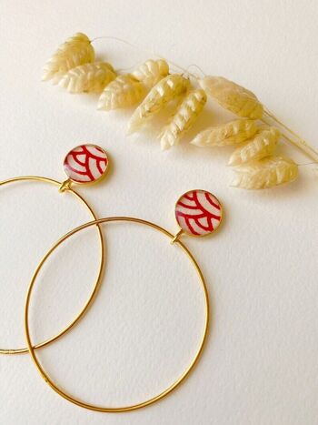 Boucles d’oreilles ROSE vague rouge motif japonais, créoles, pendantes 3