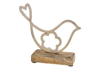 Support d'oiseau en métal sur un socle en bois de manguier, argent