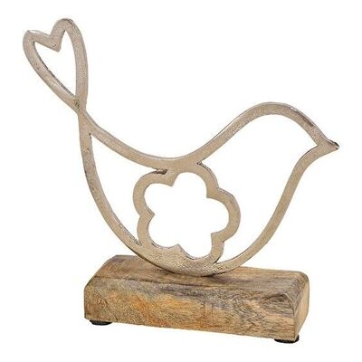 Support d'oiseau en métal sur un socle en bois de manguier, argent