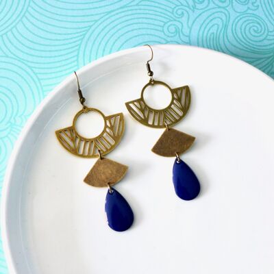 Large dark blue Art Deco graphic earrings