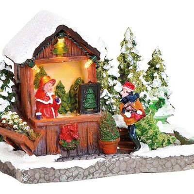 Winter scene Christmas tree sales stand with lighting made of poly colored (W / H / D) 10x11x7cm
