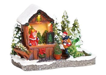 Stand de vente de sapin de Noël scène d'hiver avec éclairage en poly coloré (L / H / P) 10x11x7cm