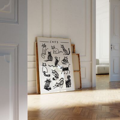 Schwarz-weißer Katzen-Kunstdruck / Tier-Kunstdruck