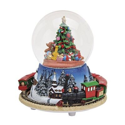 Boîte à musique / train boule à neige en poly / verre, arbre en boule (L / H / P) 14x16x14 cm