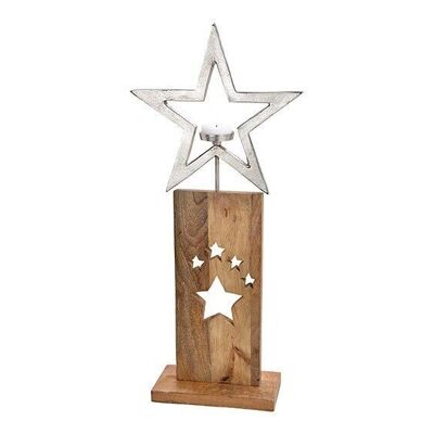 Kerzenhalter Stern aus Alu  auf Mangoholz Ständer Silber (B/H/T) 33x74x13cm