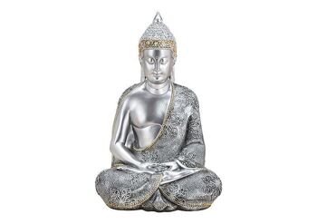 Bouddha en poly argent (L / H / P) 23x36x18cm