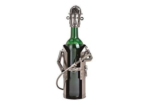 Flaschenhalter für Weinflasche Feuerwehrmann aus Metall Schwarz (B/H/T) 14x24x15cm