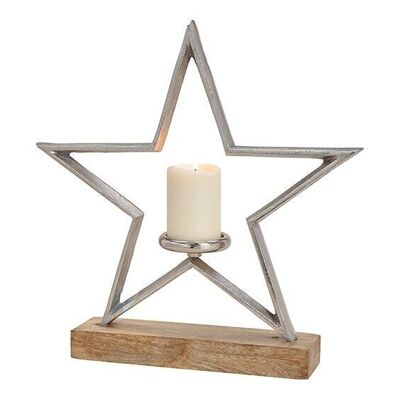 Candle holder star made of metal on mango wood base silver (W/H/D) 42x43x8cm
