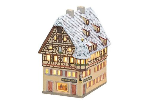 Windlicht-Haus Marien-Apotheke Rothenburg mit Schnee aus Porzellan