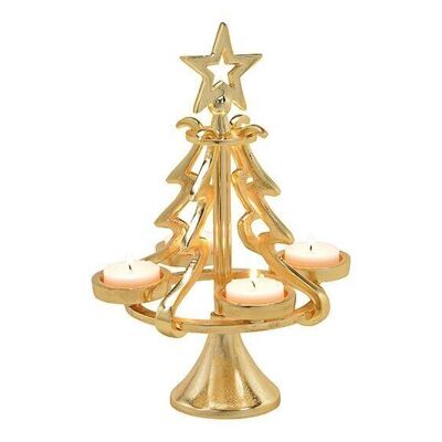 Tealight holder, Advent arrangement Christmas tree for 4 tealights made of metal gold (W/H/D) 18x28x18cm