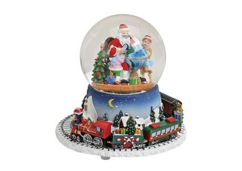 Boîte à musique / train boule à neige en poly / verre, Père Noël en boule, L16 x P14 cm