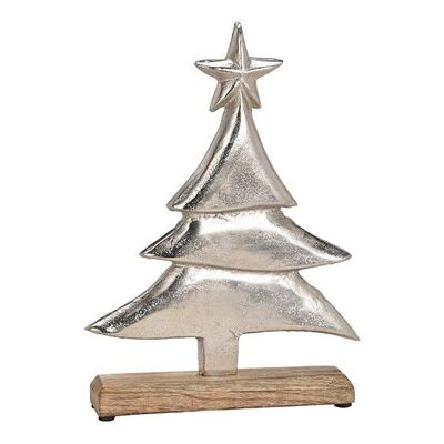 Sapin de Noël en métal sur socle en bois de manguier argenté (L/H/P) 25x34x5cm