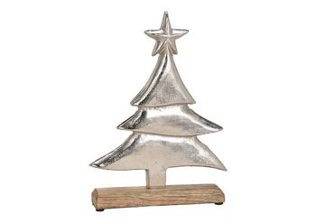 Sapin de Noël en métal sur socle en bois de manguier argenté (L/H/P) 25x34x5cm