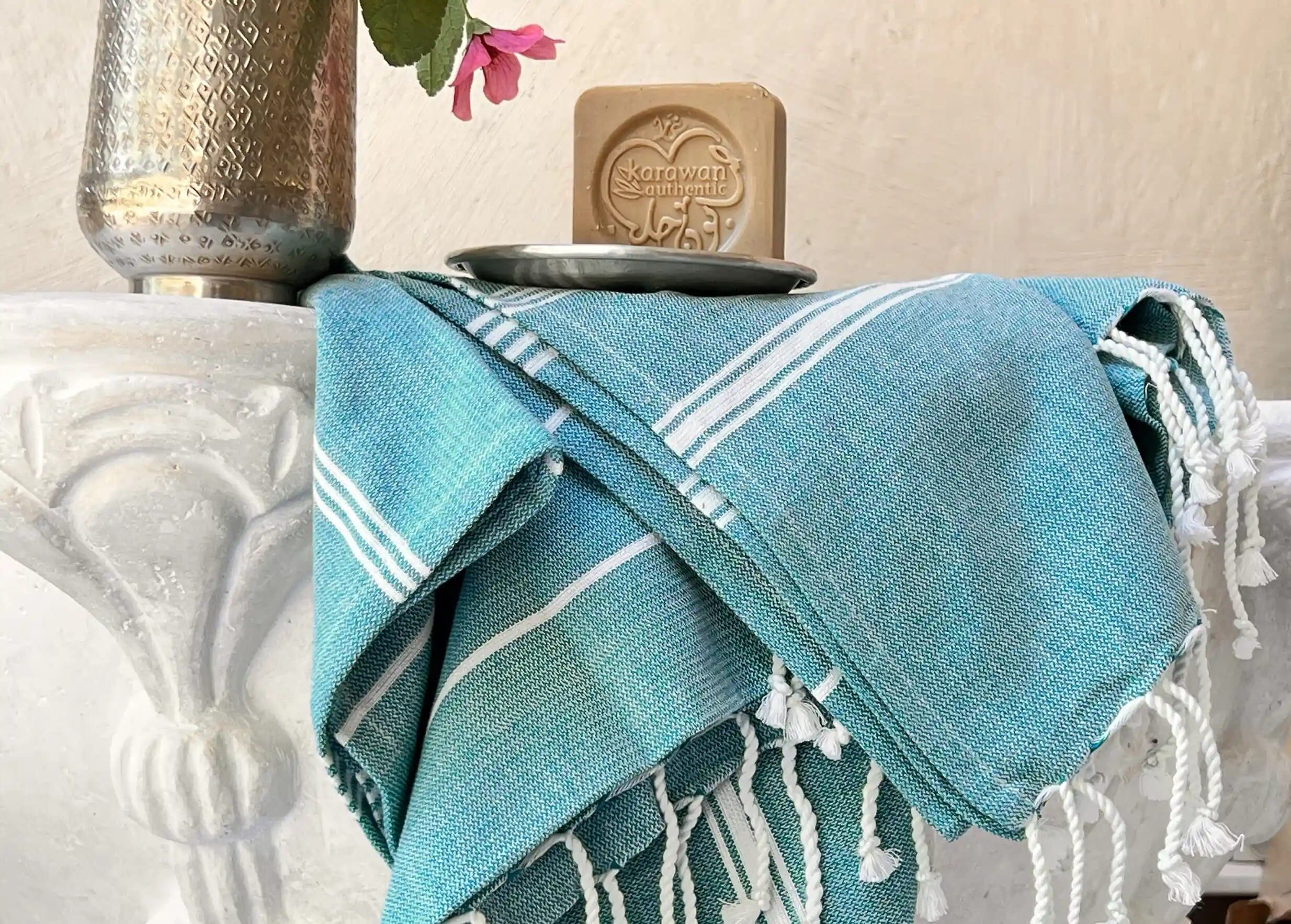 FOUTA IN COTONE ORGANICO - Collezione HAMMAM - colore BLU ATOLLO