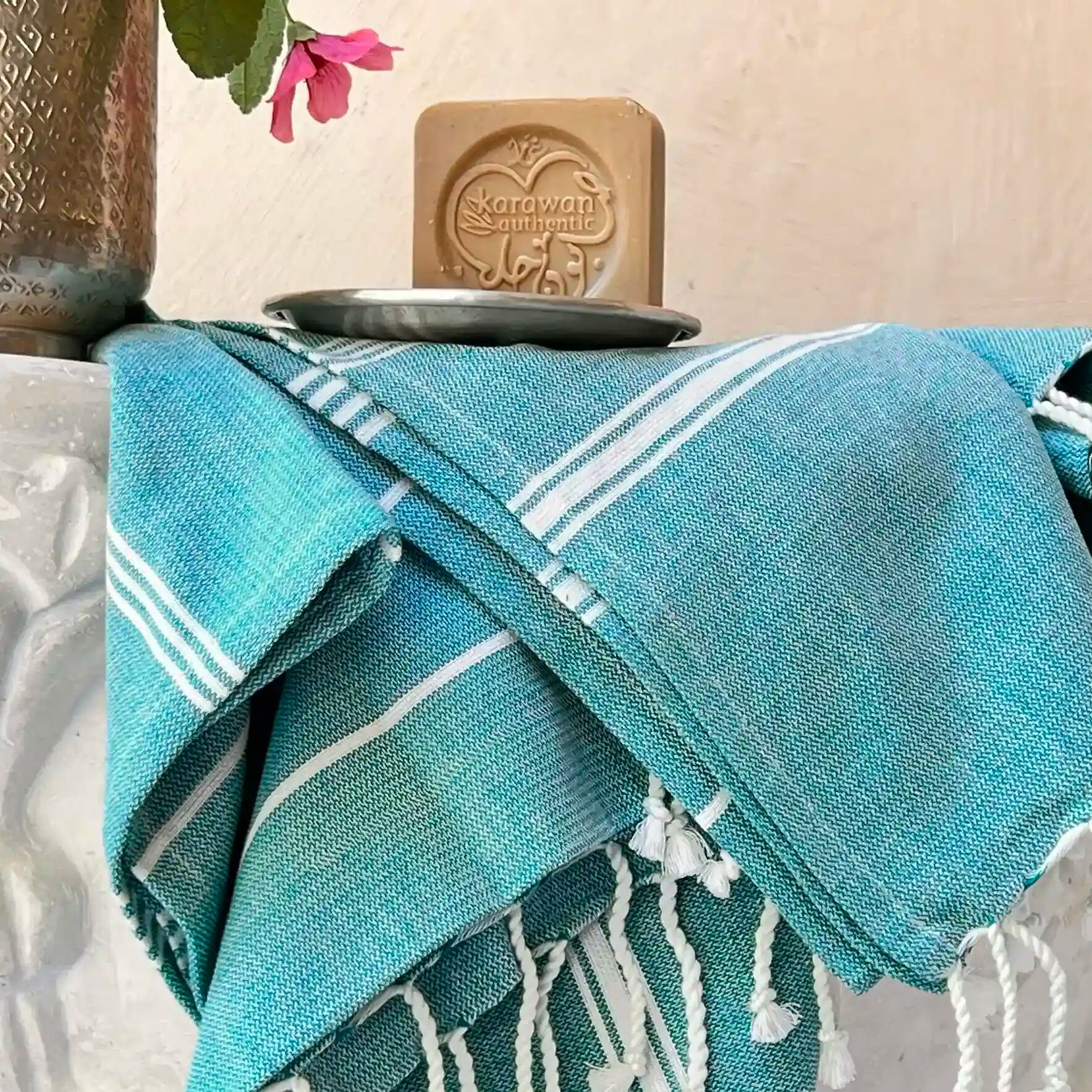 Fouta-Handtuch aus Bio-Baumwolle – Atollblau – 50 x 100/100 x 200 cm – Hammam-Kollektion