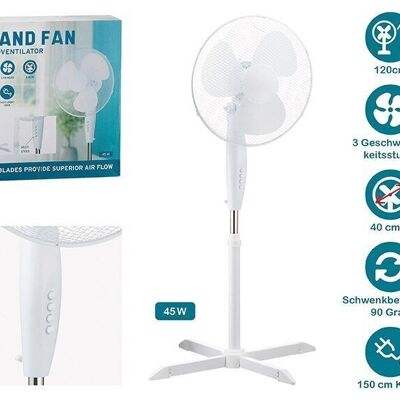 Pedestal fan made of plastic white (H) 120cm Ø40cmm, 3 speed levels, 45W, 90 degree swivel movement