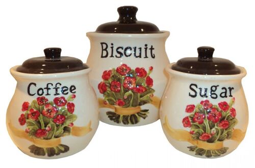 Set of 3 ceramic containers "FLOWERS" for coffee, sugar and cookies. Dimension: 13x12x12cm / 19x17x17cm MM-521522B