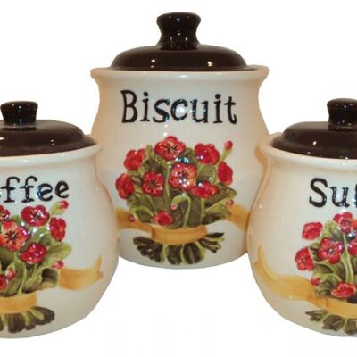 Set of 3 ceramic containers "FLOWERS" for coffee, sugar and cookies. Dimension: 13x12x12cm / 19x17x17cm MM-521522B