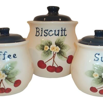 Set of 3 ceramic containers "CHERRY" for coffee, sugar and cookies. Dimension: 13x12x12cm / 19x17x17cm MM-521522C