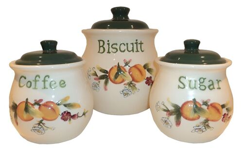 Set of 3 "APRICOT" ceramic containers for coffee, sugar and cookies. Dimension: 13x12x12cm / 19x17x17cm MM-521522A