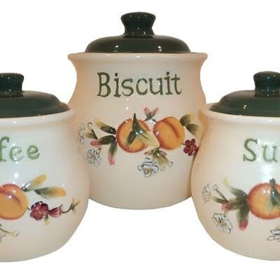 Set 3 contenitori in ceramica "ALBICOCCA" per caffè, zucchero e biscotti. Dimensioni: 13x12x12cm / 19x17x17cm MM-521522A
