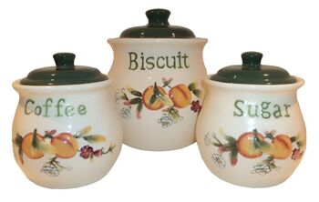 Ensemble de 3 récipients en céramique "ABRICOT" pour café, sucre et biscuits. Dimension : 13x12x12cm / 19x17x17cm MM-521522A