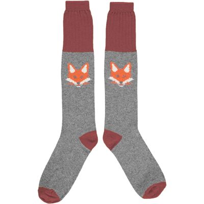 Men's Lambswool Boot Socks - fox face - grey/red