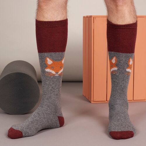 Men's Lambswool Boot Socks - fox face - grey/red