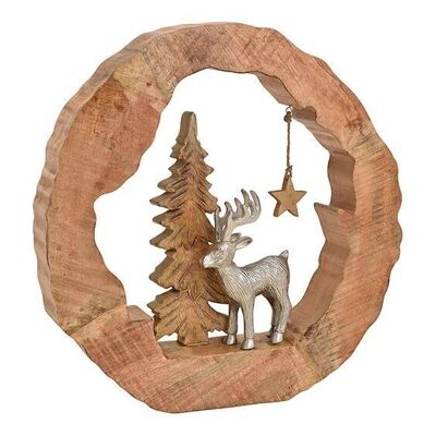 Élan debout en métal avec arbre dans un anneau en bois de manguier marron (L/H/P) 45x48x8cm