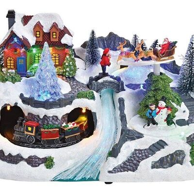 Scène d'hiver avec lumière, musique, mouvement. Train, traîneau du Père Noël en plastique coloré (L / H / P) 30x19x18cm