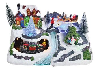 Scène d'hiver avec lumière, musique, mouvement. Train, traîneau du Père Noël en plastique coloré (L / H / P) 30x19x18cm