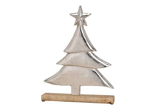 Tannenbaum aus Metall auf Mangoholz  Sockel Silber (B/H/T) 33x44x5cm