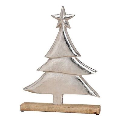 Sapin de Noël en métal sur socle en bois de manguier argenté (L/H/P) 33x44x5cm