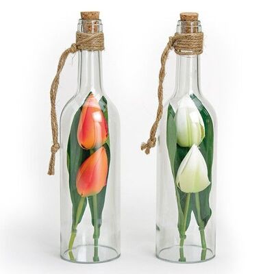 Bottiglia di vetro decorativa con tulipani artificiali
