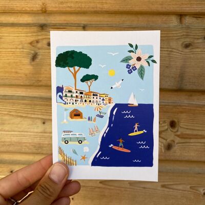 postal Hossegor y la costa de las Landas ilustrada