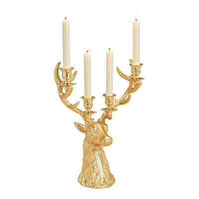 Portacandele testa di cervo per 4 candele in metallo dorato (L/A/P) 30x40x18cm