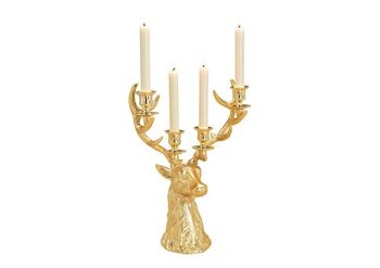 Bougeoir tête de cerf pour 4 bougies en métal doré (L/H/P) 30x40x18cm