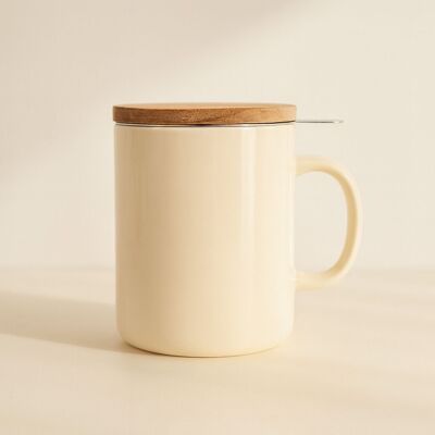 Tetera Anna de gres color crema de 350 ml con tapa de madera